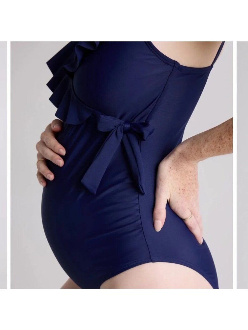 NWT QUINCE Italian Maternity One-Piece Ruffle Wrap Swimsuit Deep Navy Small - Picture 2 of 11